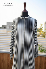 Striped Zipper Abaya - Black and White